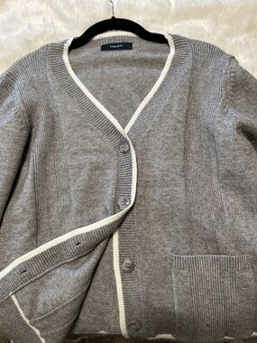 Gray Cardigan with Ivory Contrast Trim